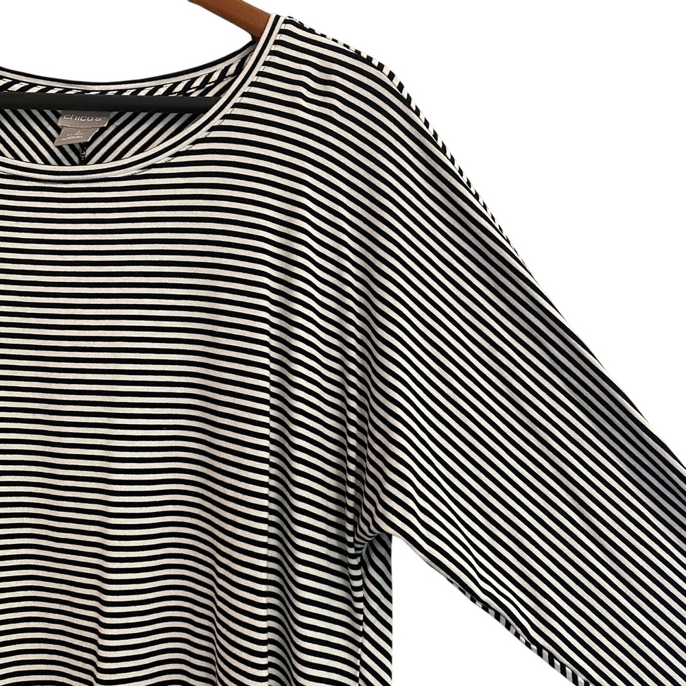 Chico's Striped Top Womens Chico Size 2 Longline 3/4 Sleeve WHITE Black - Picture 3 of 11